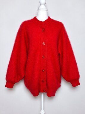Vintage Amelia Austin Red Angora Rabbit Hair Fuzzy Cardigan 80s Oversized